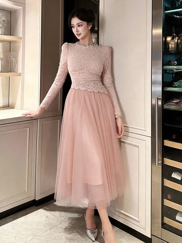 Abito Midi Rosa in Pizzo da Donna Primaverile, Vestito da Sera Elegante in Tulle a Maniche Lunghe con Perle, Scollo a O, Vestito Slim a Trapezio, Abito alla Moda