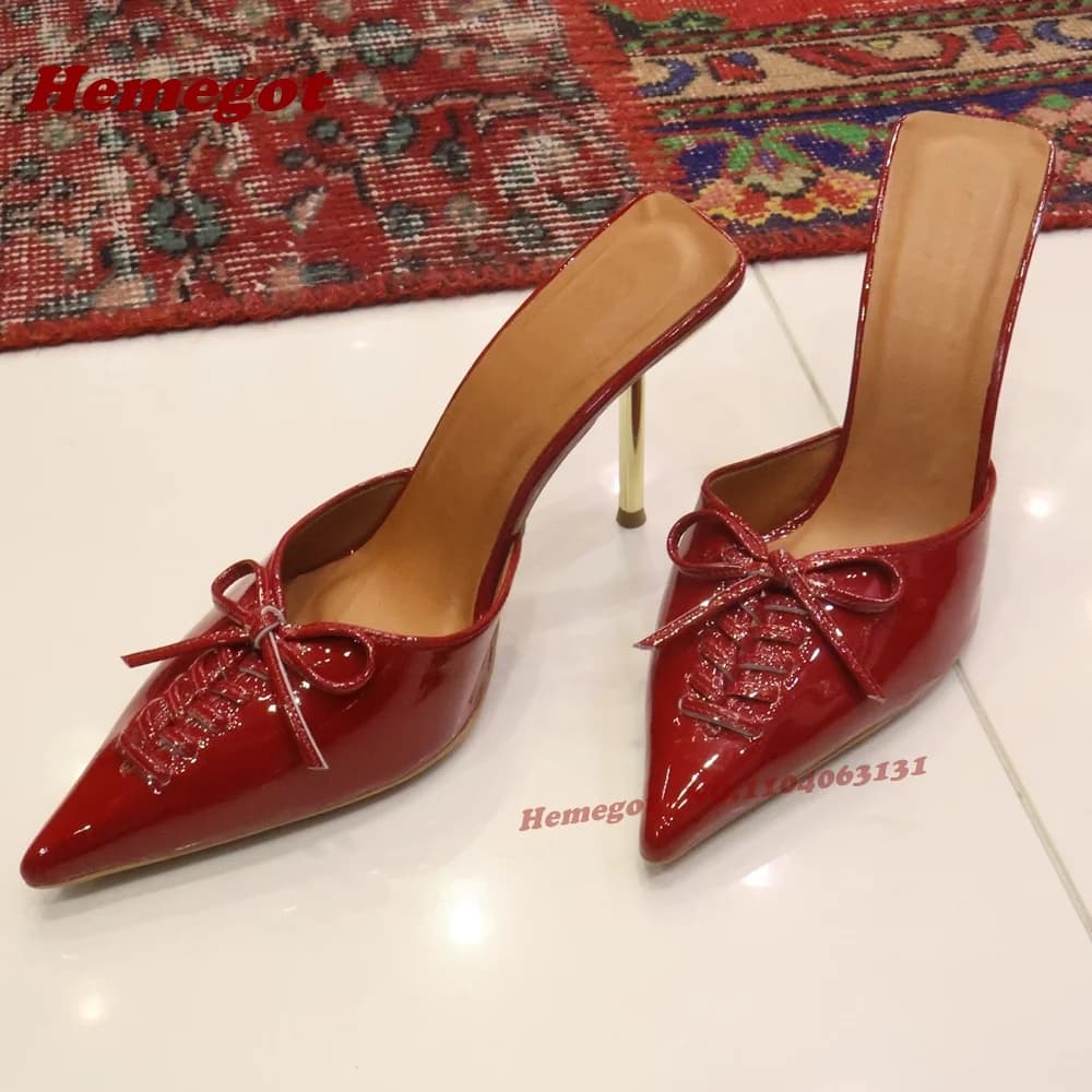 Mules con tacco a spillo in pelliccia di leopardo, punta affusolata, fiocchi e lacci, tacchi alti sottili, per donna, estive, patchwork, scarpe sexy di lusso