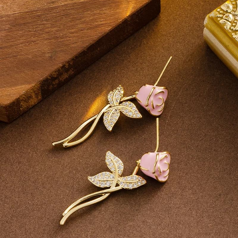 Orecchini in argento con ago alla moda, eleganti, piccoli fragranze, gocciolanti, olio, rosa, temperamento femminile, semplici orecchini per pendolari di fascia alta