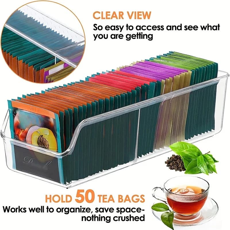 1pc Clear Tea Bag Organizer Box - Storage Holder for Sugar, Coffee, and Spices - Cabinet and Countertop Storage Solution