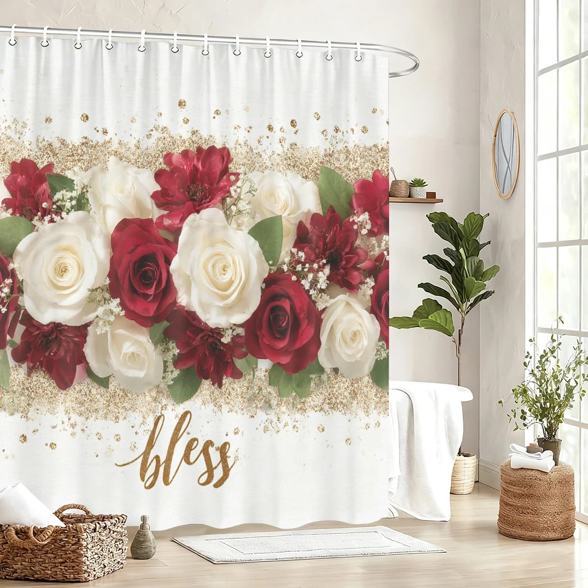 Tenda da doccia in poliestere a tema artistico - Elegante decorazione per il bagno con stampe floreali e figure, elegante poliestere per la casa