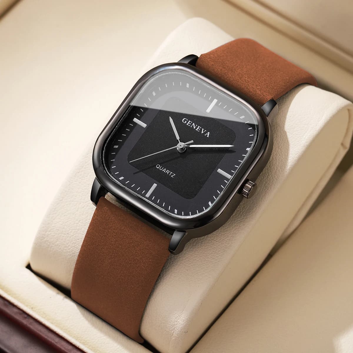 Geneva Men Minimalist Square Black Dial Brown Suede Leather Quartz Watch