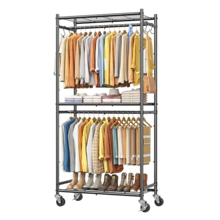 Clothes Rack, Portable Closet with Shelves, Multi-Functional Wardrobe Closet with Hooks, Sturdy Metal Garment Rack for Bedroom,