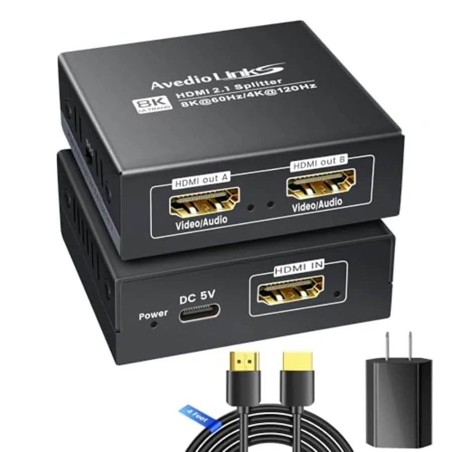 Splitter HDMI 2.1 1 Ingresso 2 Uscite con Cavo HDMI da 1,2 Metri, HDCP 2.3 @120Hz, Splitter Audio HDMI per Soundbar, Supporto VRR ALLM HDR10+ Dolby