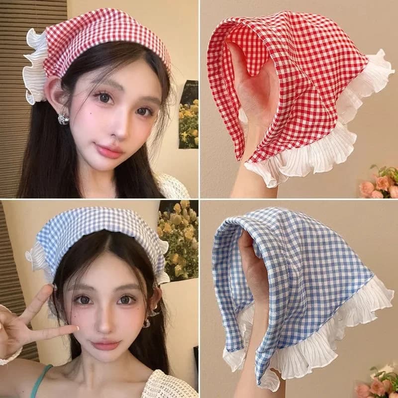 Sciarpa bandana triangolare con bordo in pizzo, foulard da donna in stile rustico, fascia per capelli e sciarpa 2 in 1 per la spiaggia