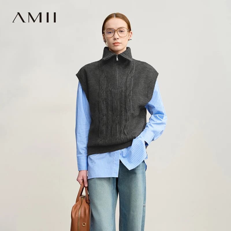 AMII maglione da donna 2025 inverno nuovo pendolare minimalista solido versatile pullover allentato lavorato a maglia gilet senza maniche donna 12524121