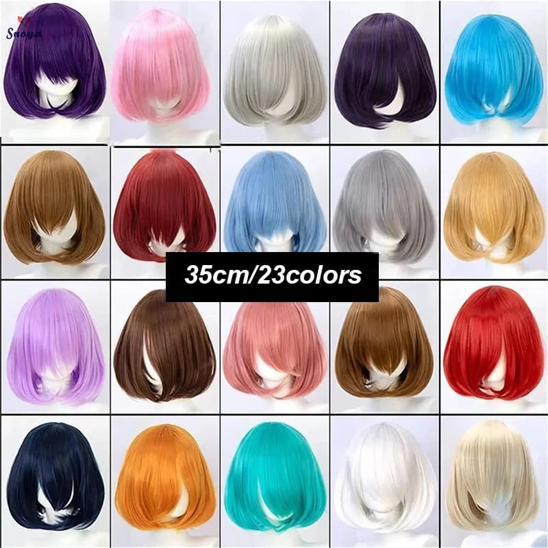 Snoya 35 cm synthetic short bob smooth hair with fringe trimmer Lolita green blonde red wigs cosplay for women + cap wig