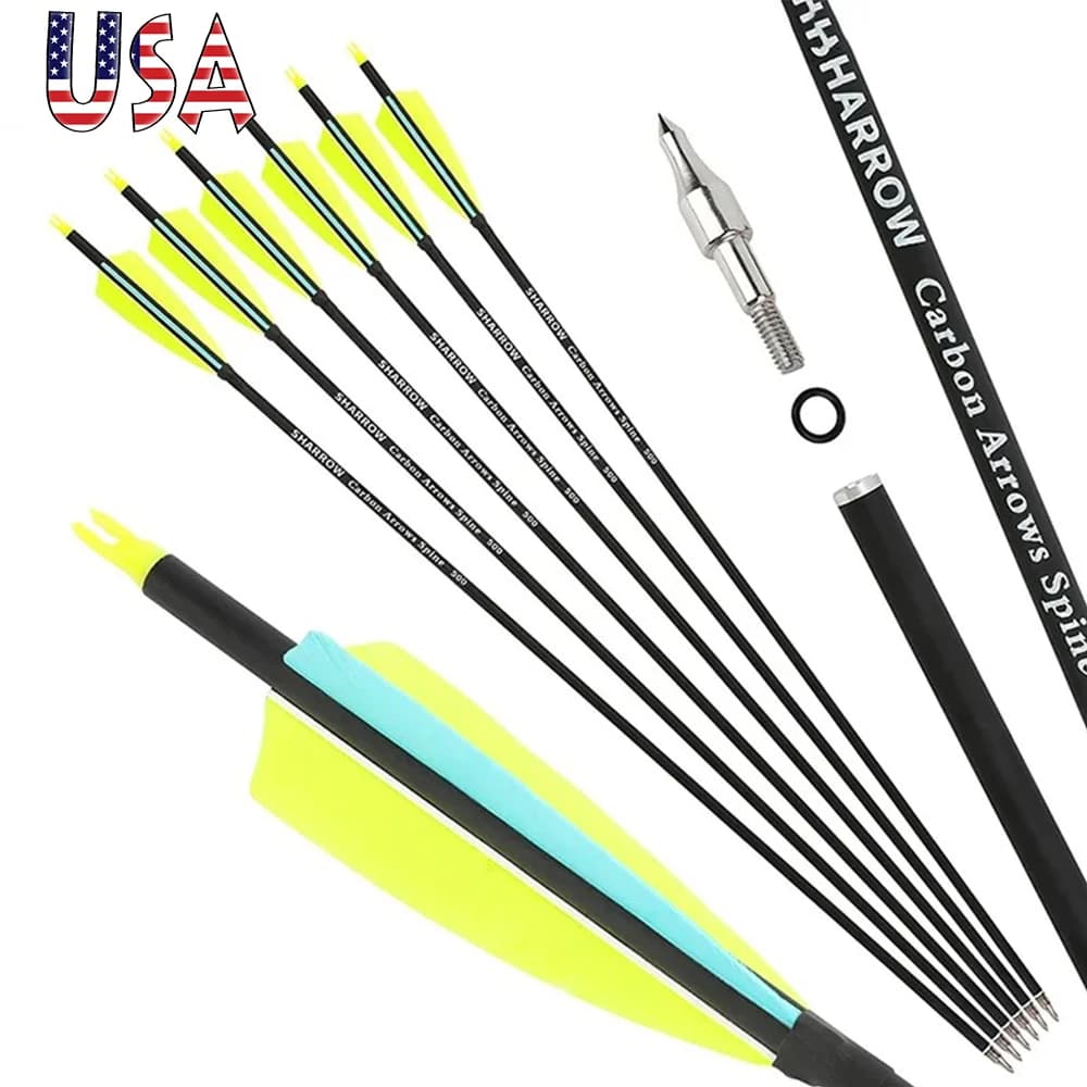 Mixed Carbon Arrows 12pcs Spine 500 ID6.2mm OD7.8mm 4 Inch Turkey Vanes 100 Grain Points for Recurve Bow Target Shooting