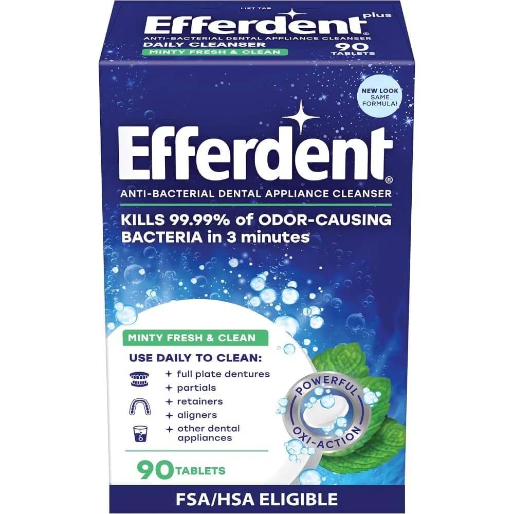 Denture Cleaner Tablets for Dental Appliances Aligners Mouth Guards and Retainers Extra Strength Minty Fresh Formula 90 Count Effervescent Cleaning Tablets Removes Stains Plaque Odor and Bacteria for a Deep Clean Safe