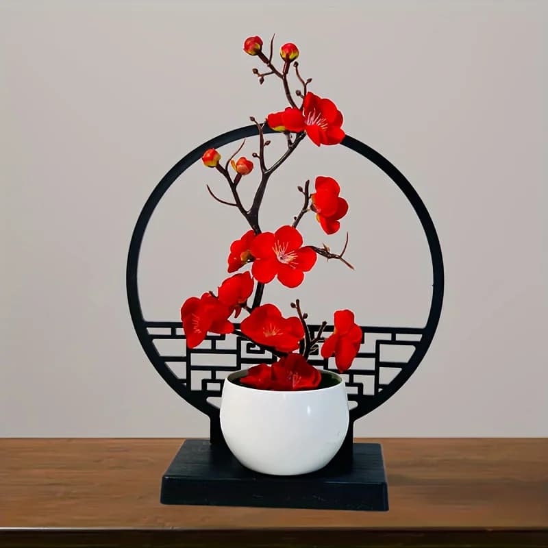 1 set, pianta in vaso di fiori di pruno artificiale cinese, fiore bonsai finto in plastica, pianta di simulazione per interni ed esterni, include
