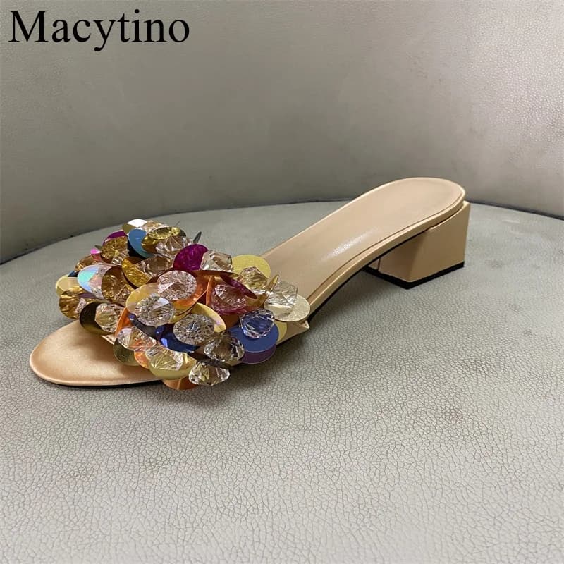Beads Pearl Bling Sequins Flower Summer Mules Colorful Diamond Square Heel Slingbacks Sandals Women