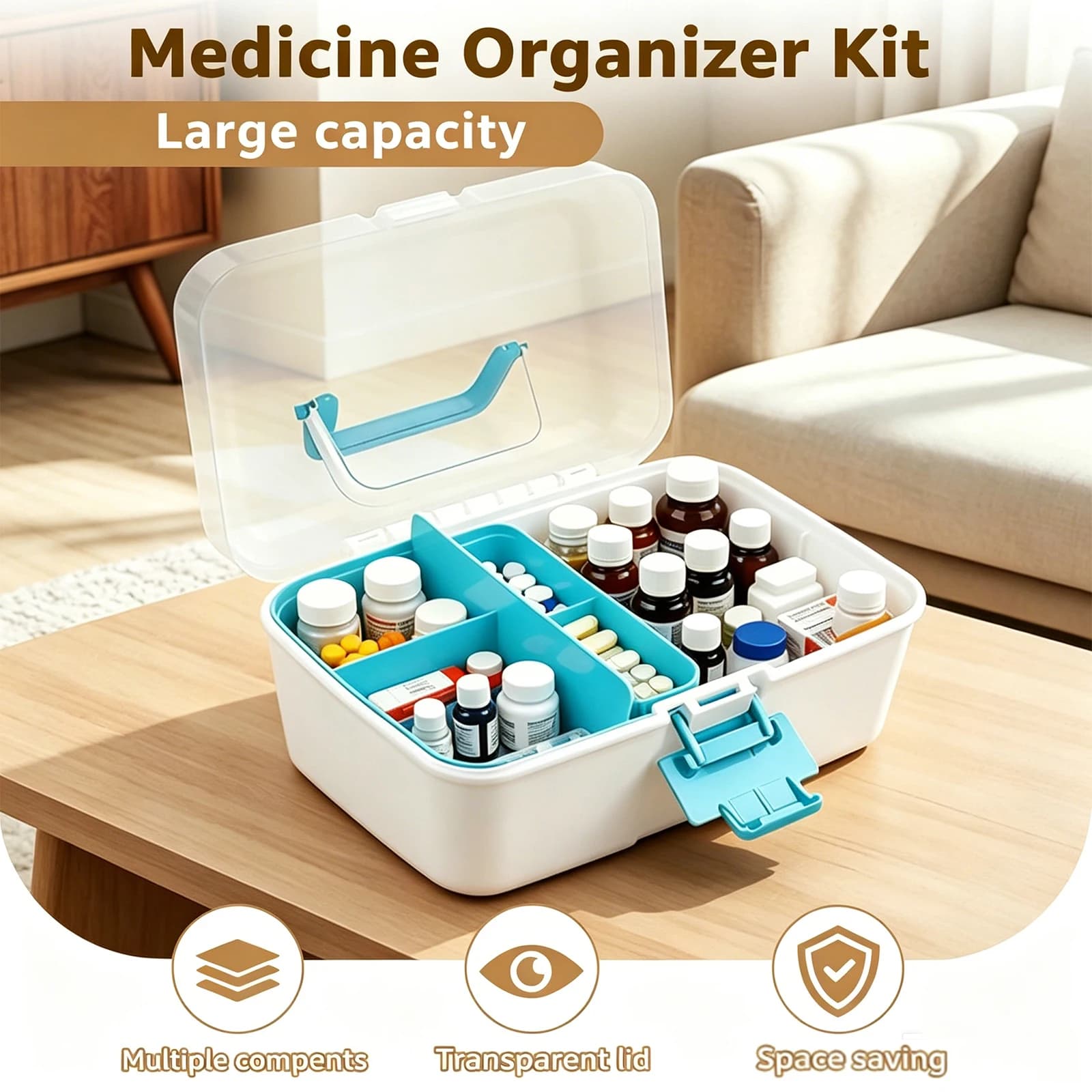 Large Capacity Medicine Organizer Kit with Detachable Layers Moisture-Proof Portable First Aid Kit Storage Box for Home Travel