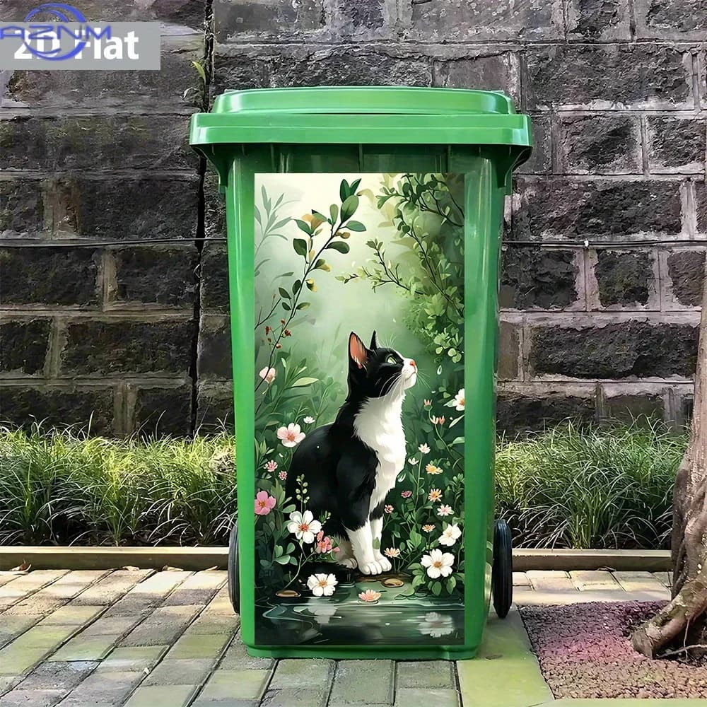 1PCBlack And White Cat Sticker for Trash Cans in a 2D Flat Forest Style, Waterproof And Easy to Remove, Suitable for Bins, Wal