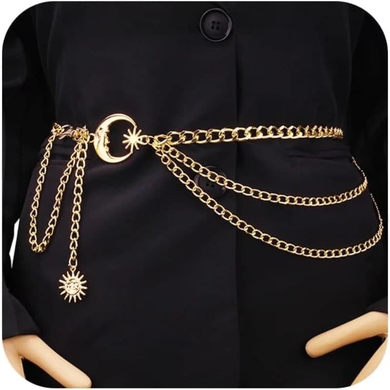 Cintura a catena - Cintura a catena alla moda con luna, strass a farfalla e design a strati
