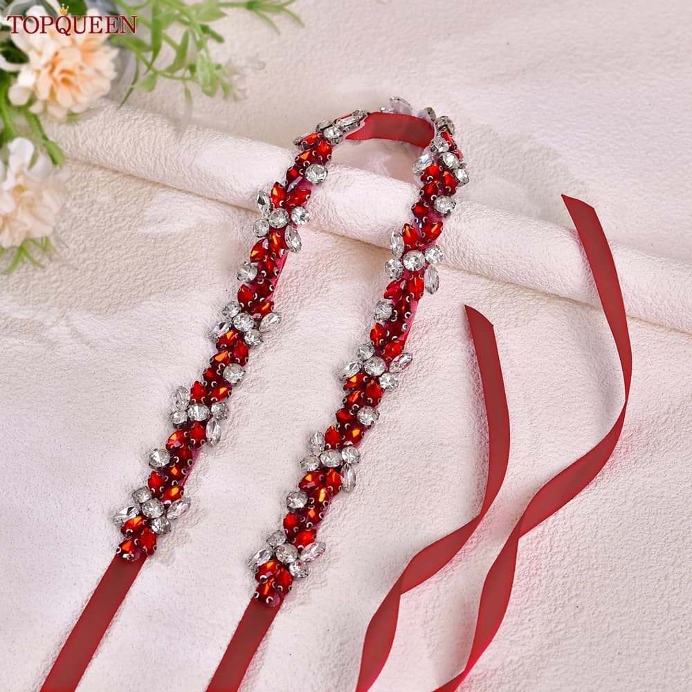 TOPQUEEN Long banqueting dress Corset Decorating Slim belt Wedding belt with burgundy rhinestones for bride S437