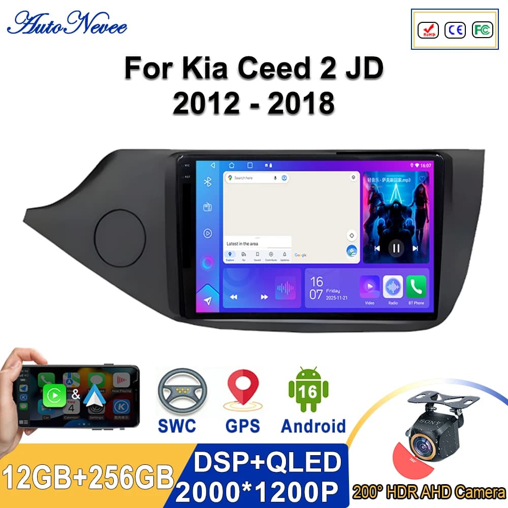 Sistema Multimediale Android 16 con Schermo 2K Incell per Kia Ceed 2 JD 2012-2018, CPU ad Alte Prestazioni, Dash Cam Plug and Play, HDR, Wi-Fi