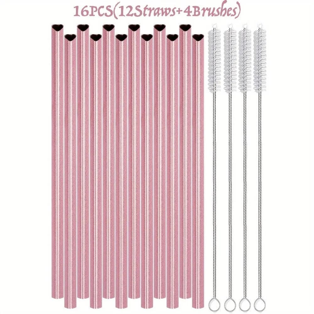 Cannucce in metallo rosa a forma di cuore, superficie liscia, ecologiche, in acciaio inossidabile 304, con spazzola per la pulizia, riutilizzabili
