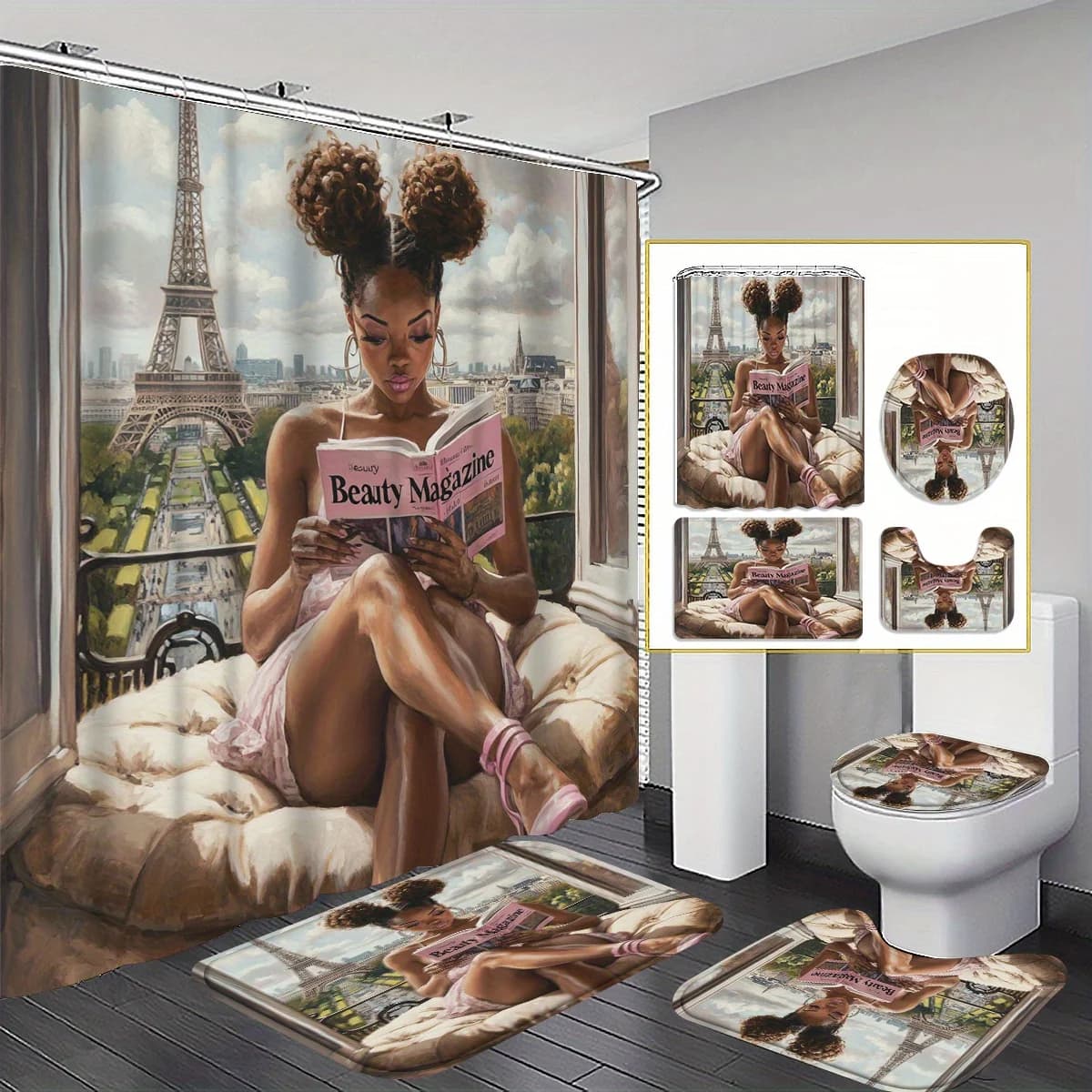 4 pezzi francese Parigi Torre Eiffel Rivista di moda Ragazza giocosa modello set di tende da doccia tenda da bagno, arredamento per il bagno