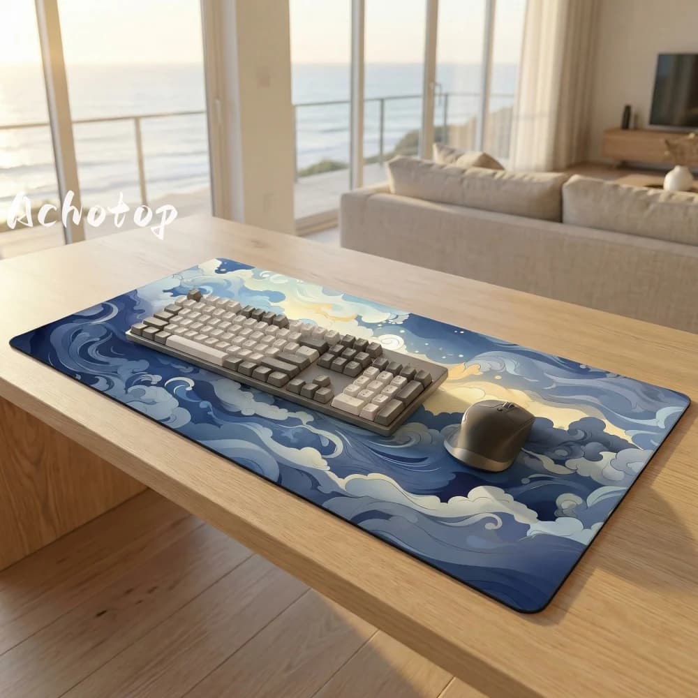 Tappetino per Mouse da Gaming XXL 900x400, Tappetino Antiscivolo per Scrivania, Tappetino per Tastiera Computer, Mousepad Onda e Nuvole