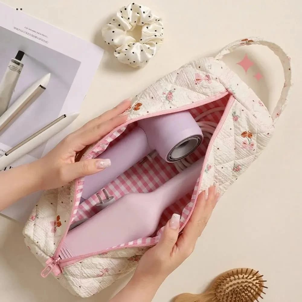 Organizer Bag for Soft Cotton Hair Tools - Case with Cerniera Print Pink Cherry for Hairdryer