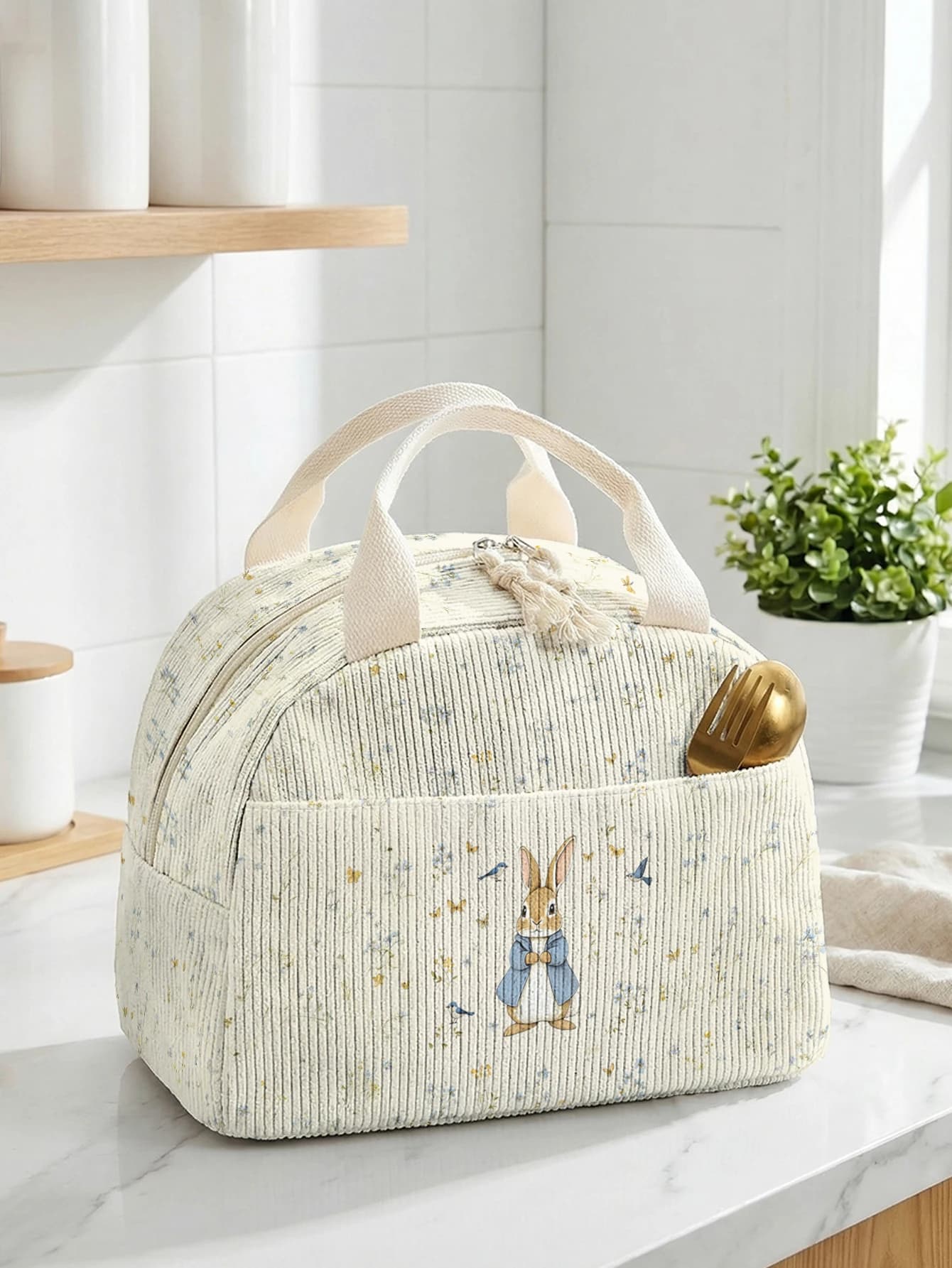 Peter Rabbit Floral Insulated Lunch Bag Corduroy Portable Hand Food Storage Tote For School Outdoor Travel