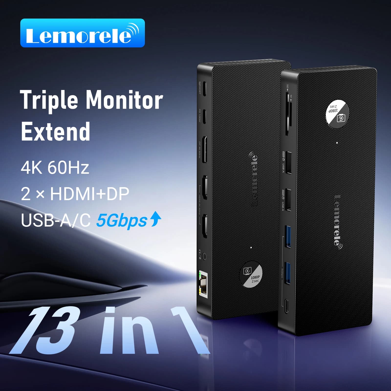 Lemorele Hub USB a 13 Porte con Adattatore DP HDMI 4K@60Hz, Splitter RJ45, Hub Type-C 3.0, Caricatore PD 100W, Docking Station per Laptop, PC, TV