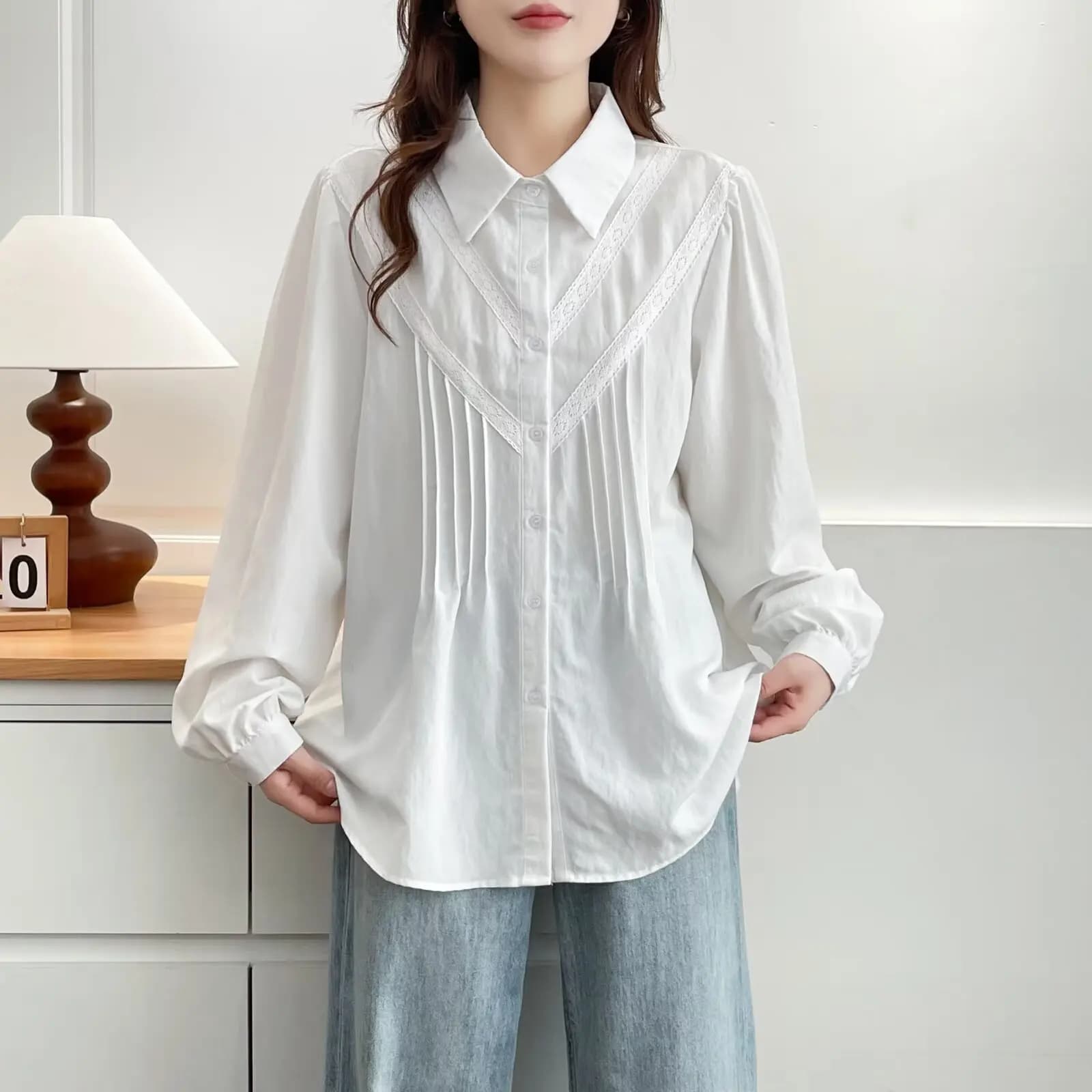 XXXXL Fashion Plus Size Women's Shirts Autumn New Style Simple Long Sleeved Shirt with Lace Smurf 8093