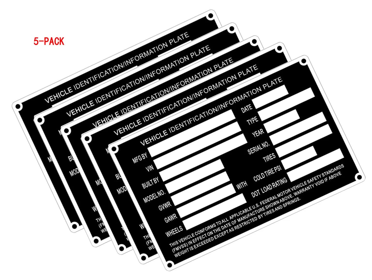 Set of 5 blank identification plates for VIN and axle weight, for vehicles, trucks, boats and trailers, 140mm x 90mm