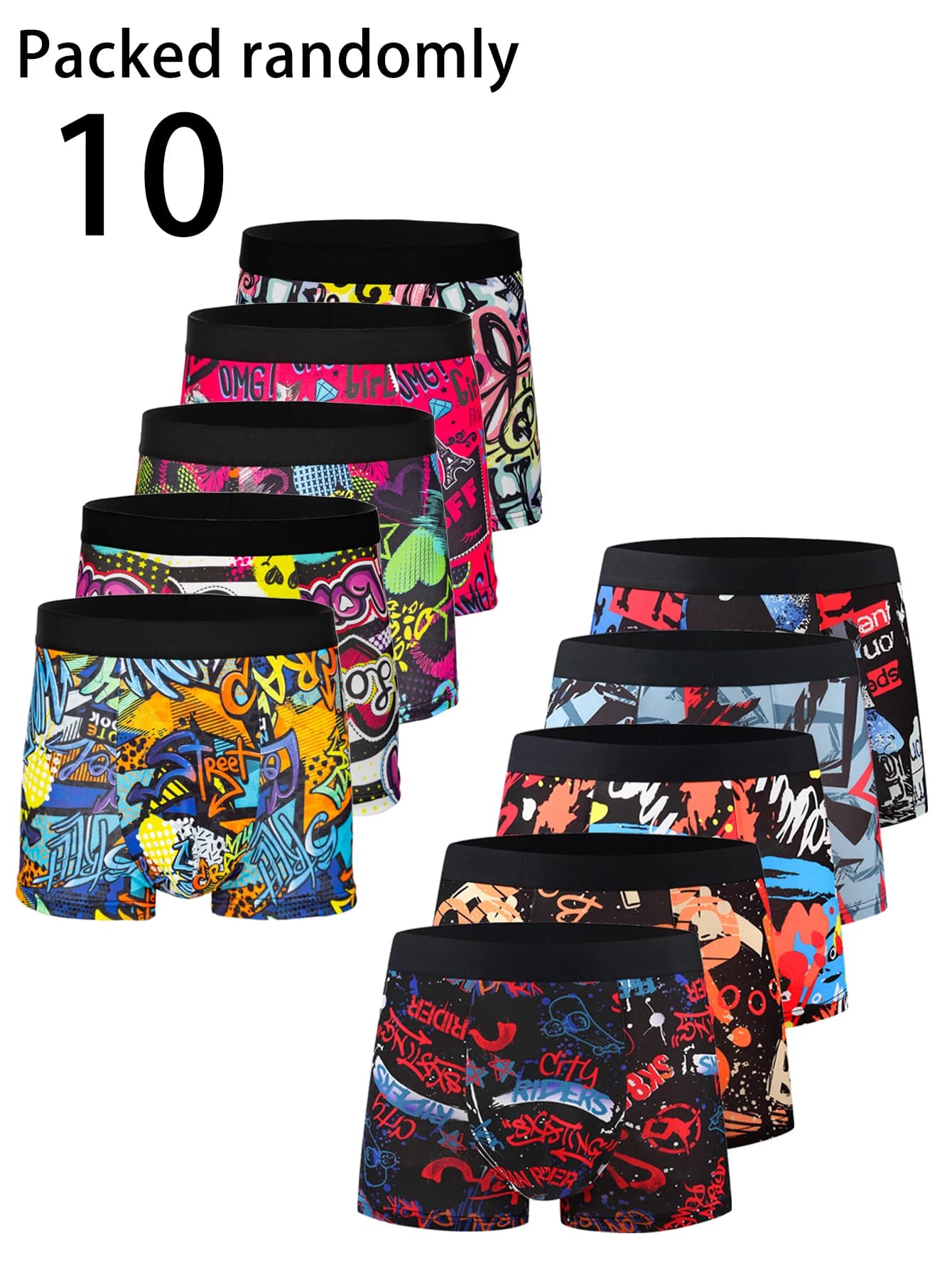 10-Pack Men's Graffiti Boxer Shorts Street Style Personality Print Comfortable Mid-Waist Random Shipping Quatrefoil Pants