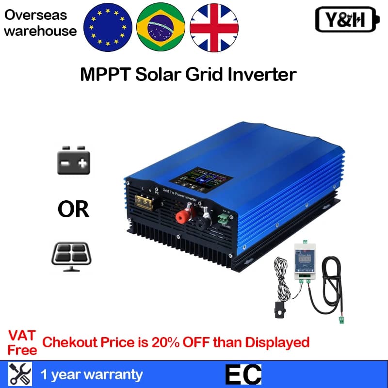Y&H 1000W 1200W Grid Micro inverter solare 24V 48V con limitatore Display LCD AC 220V MPPT Batteria a onda sinusoidale pura Alimentazione regolabile