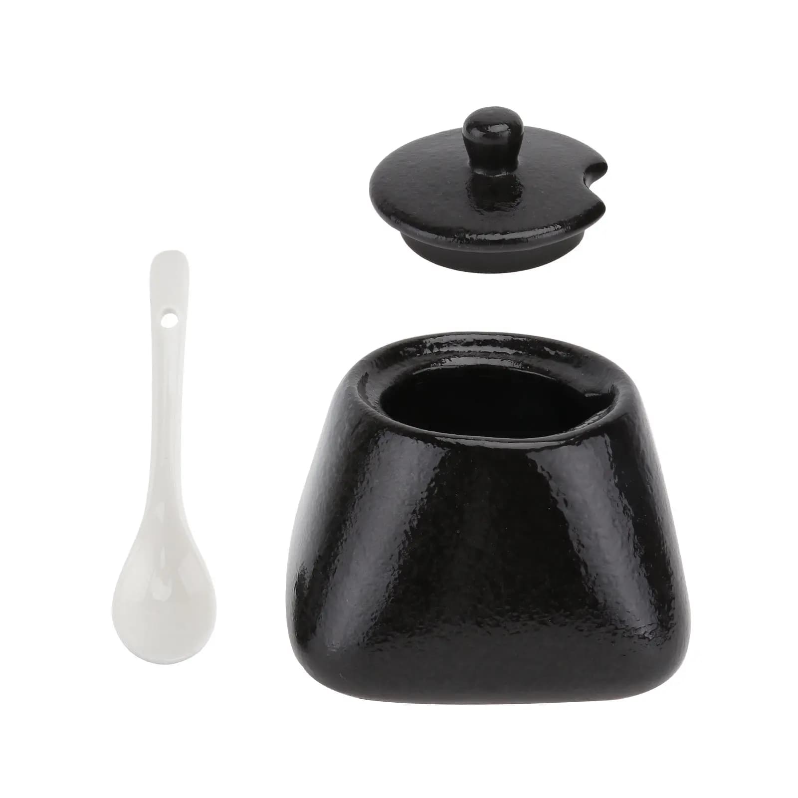 Set di Barattoli per Spezie in Ceramica Nera, Design Semplice, Contenitori per Condimenti, Zucchero, Sale, Pepe, con Coperchio e Cucchiaio per Cucina