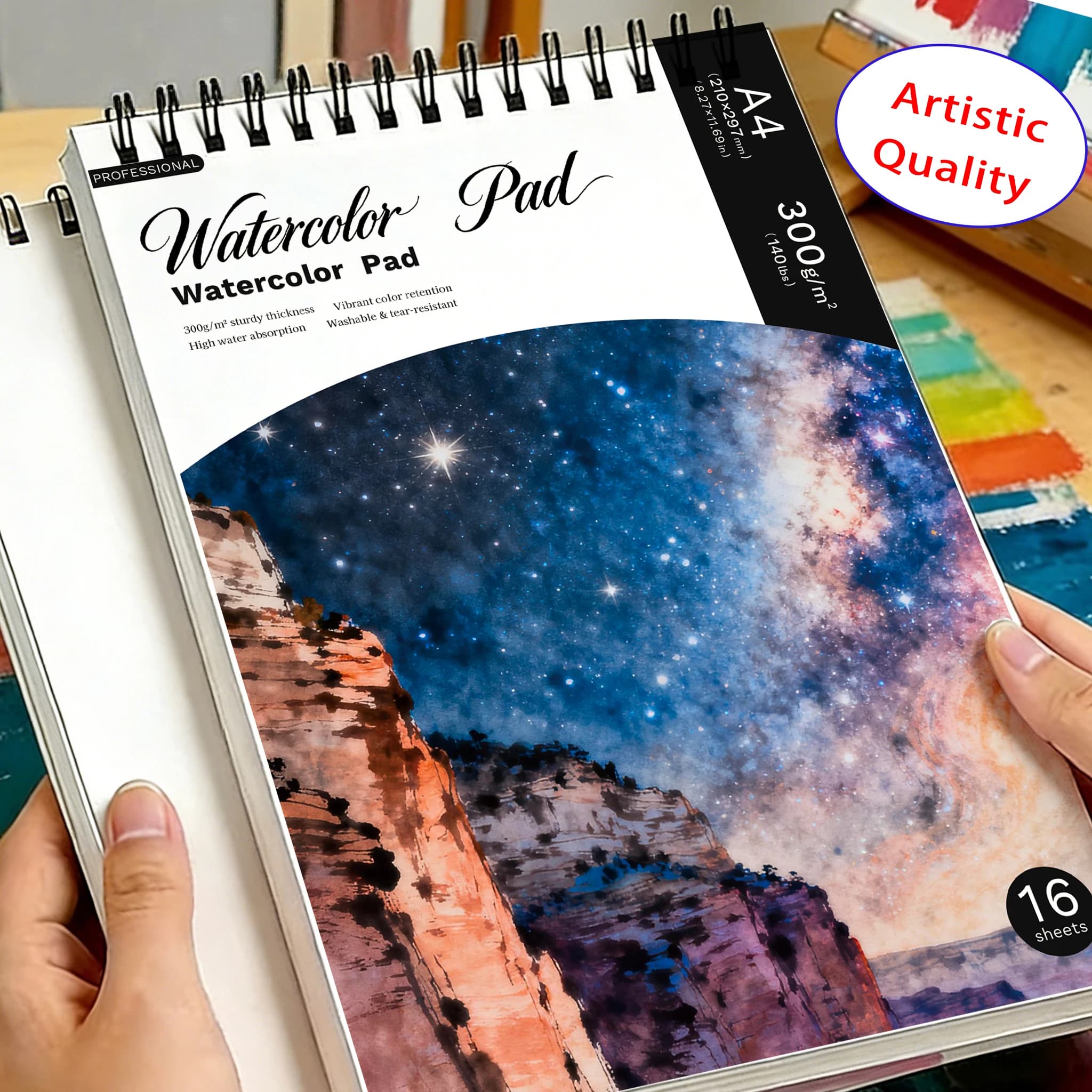 A4 Spiral Watercolor Pad 300gsm, Starry Night Over Canyon Cover, 16 Sheets Acid-Free Art Sketchbook for Back to School & Gi