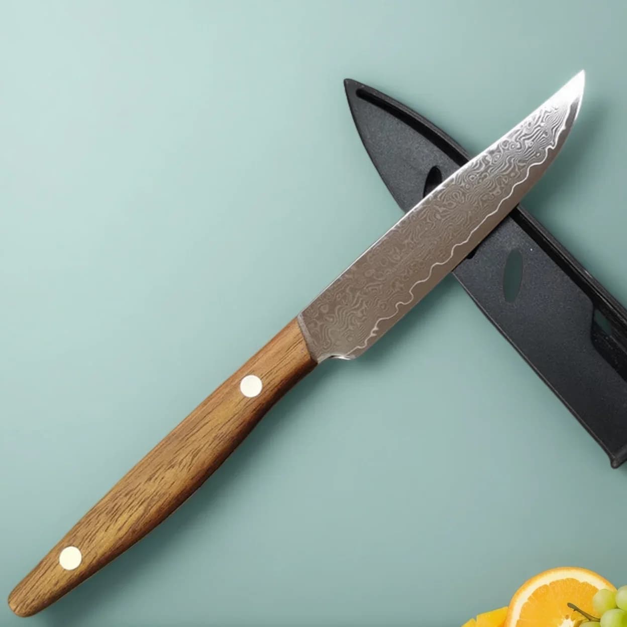Coltello da Frutta Portatile da 4 Pollici per Esterni con Custodia, Lama in Acciaio Damasco Affilata, Coltello da Cucina Multiuso per Sbucciare e Affettare, Manico in Legno