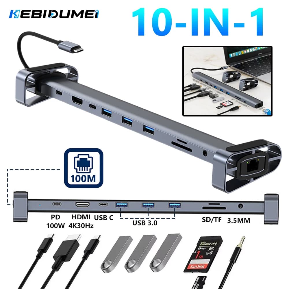 KEBIDUMEI USB C HUB Bracket 10 in 1 USB 3.0 HUB Foldable Stand PD 100W 4K HDTV Reader Card 100M LAN Extender Laptop Holder Base
