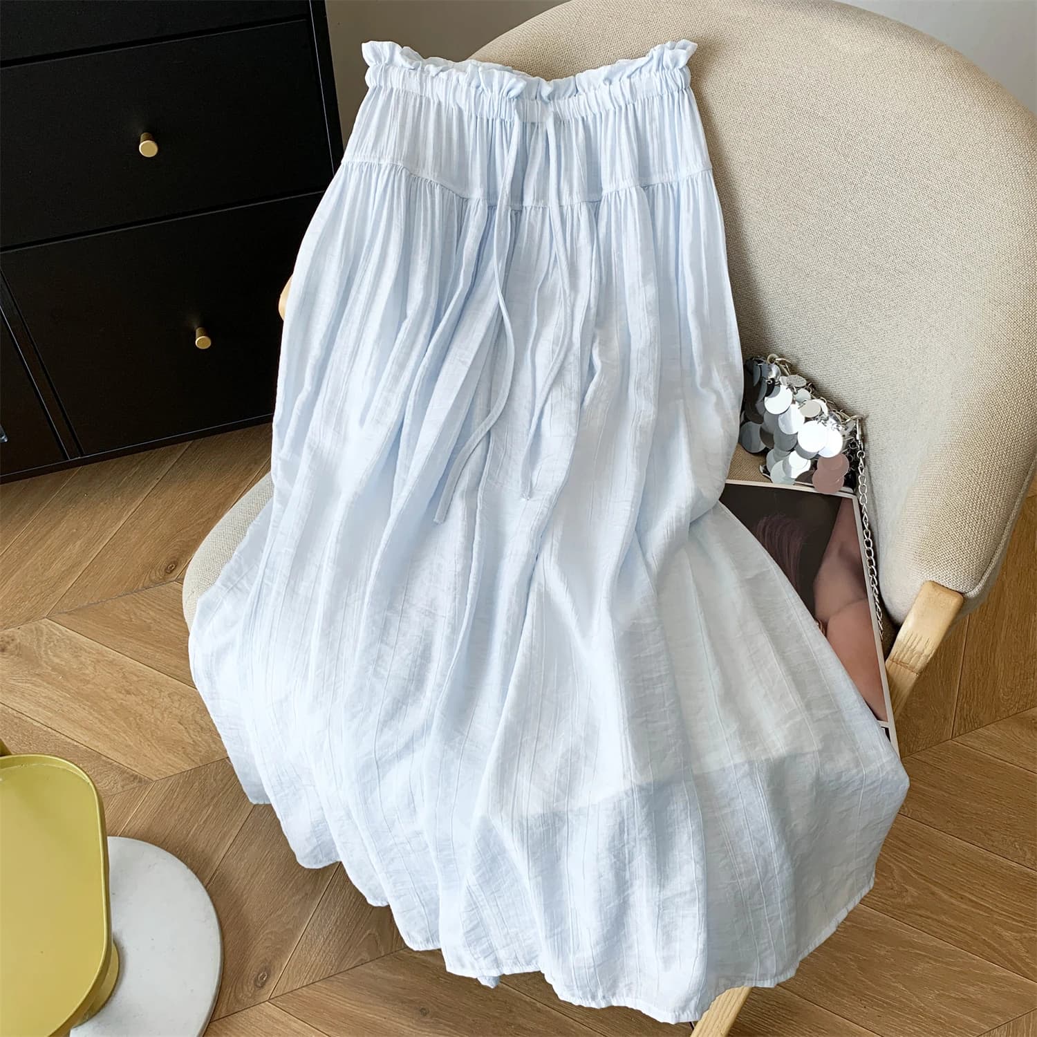 Comfortable A-Line Midi Skirt High Waist Slimming Pleated Hip Covering Drawstring Casual Flowy Breathable Skin-Friendly Polye...