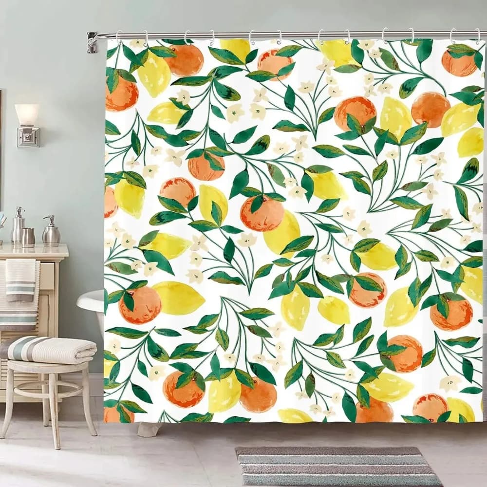 Tenda da doccia con limoni e pesche in acquerello, tema frutta e fiori, decorazioni botaniche naturali estive per il bagno, con ganci