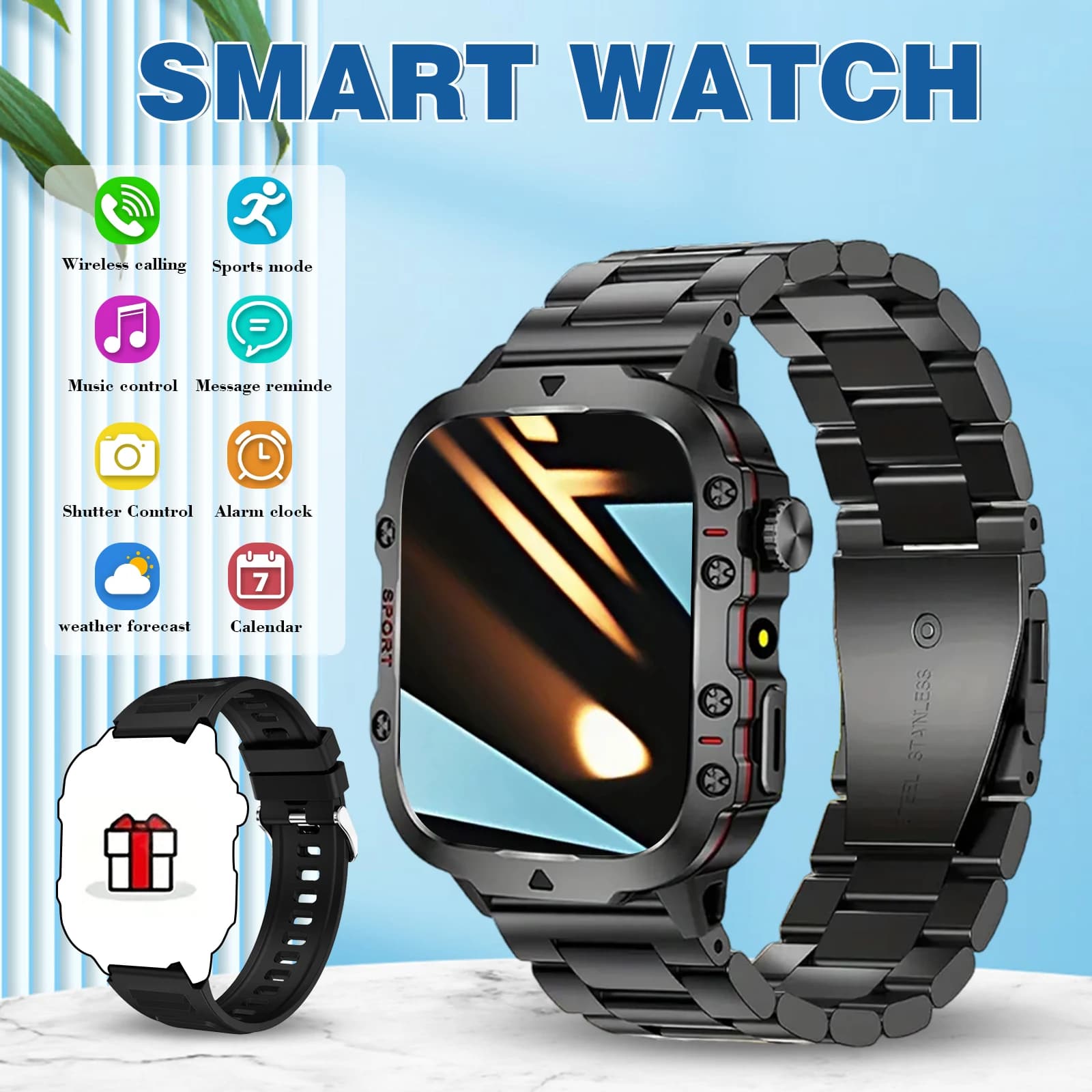Smart Watch con funzione torcia, chiamate wireless, promemoria messaggi, adatto per telefoni Iphone e Android