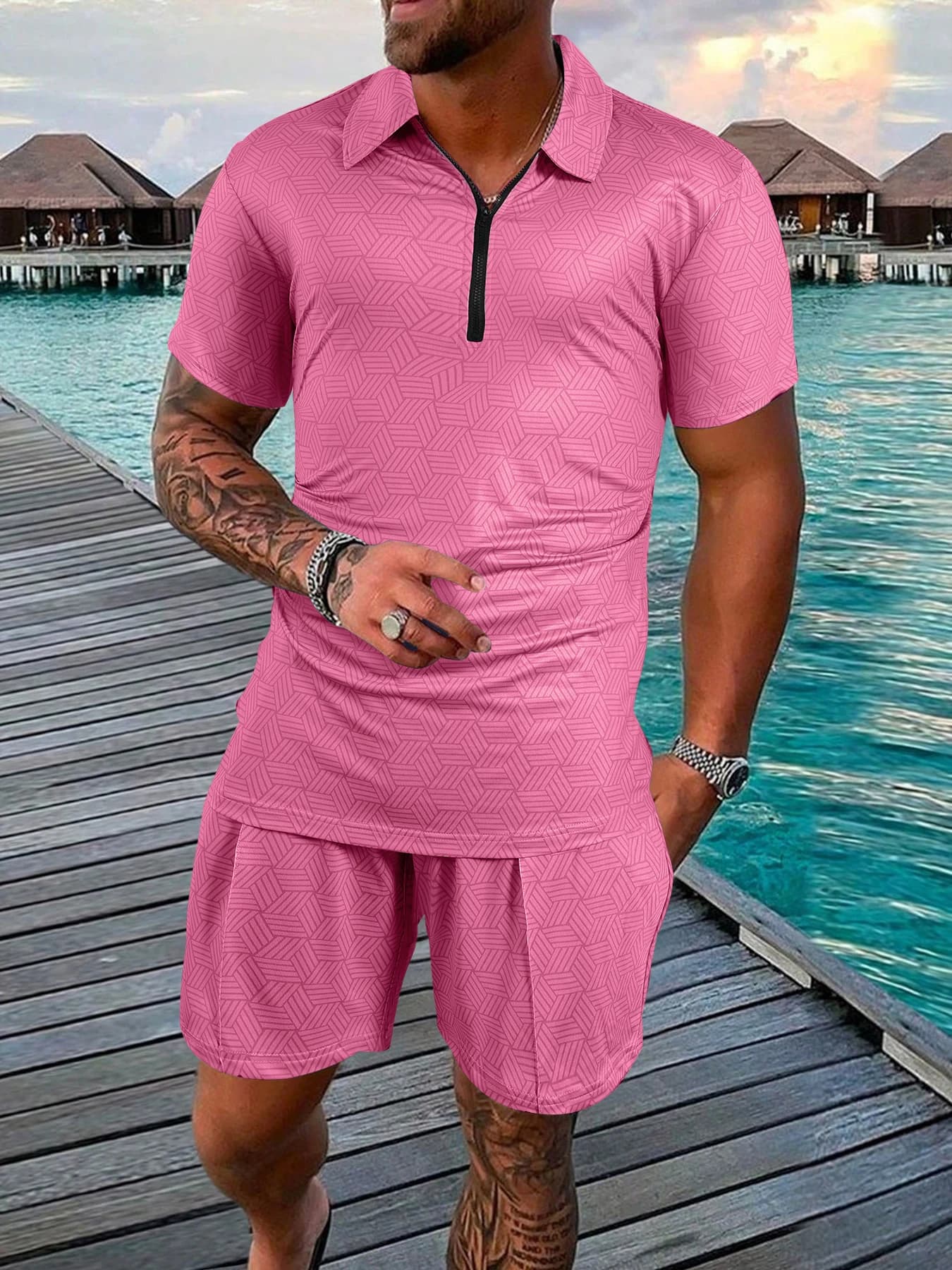 Men's Geometric Texture Half-Zip Polo Two-Piece Set: Short-Sleeve 1/4 Zip Top + Drawstring Elastic Waist Shorts, Quick-Dry Sports Golf Casual Summer Men's Outfit