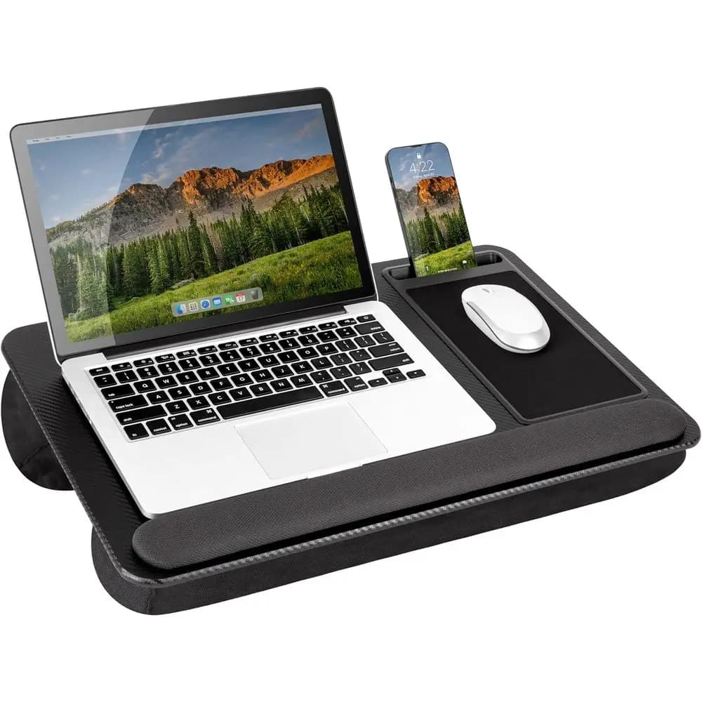 Supporto per laptop con poggiapolsi, tappetino per mouse e supporto per telefono - Adatto a laptop fino a 15,6 pollici - Stile carbonio nero