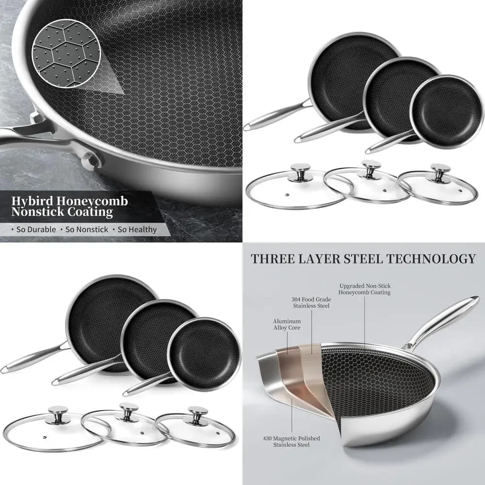 Set of honeycomb stainless steel non-stick pans, 8, 9,5, 11, 3 pieces per induction hob and gas