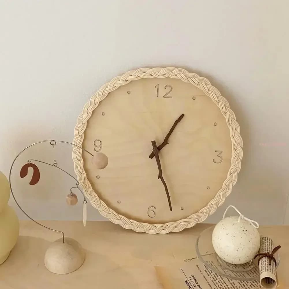 Rattan Round Wall Clock, Silent, European Style, Battery Function, Simple Bedroom Decoration and Home