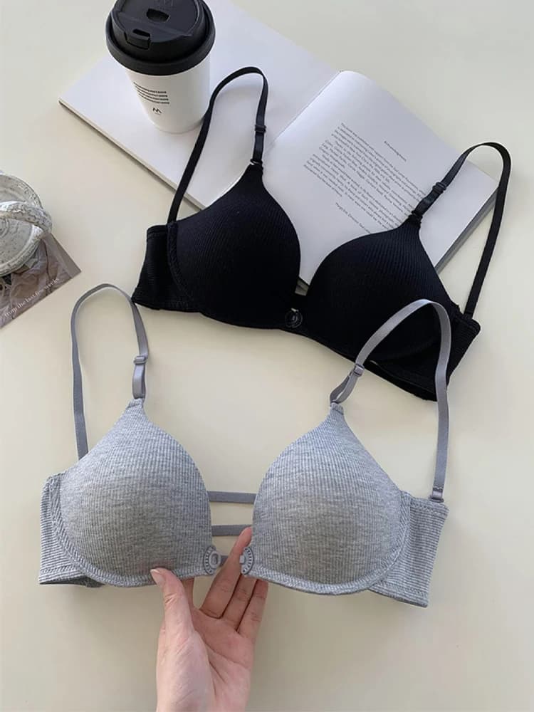 Women Front Closure Push Up Bras Sexy Ribbed Solid Color Brassiere French Breathable Bralette for Small Busts Backless Underwear
