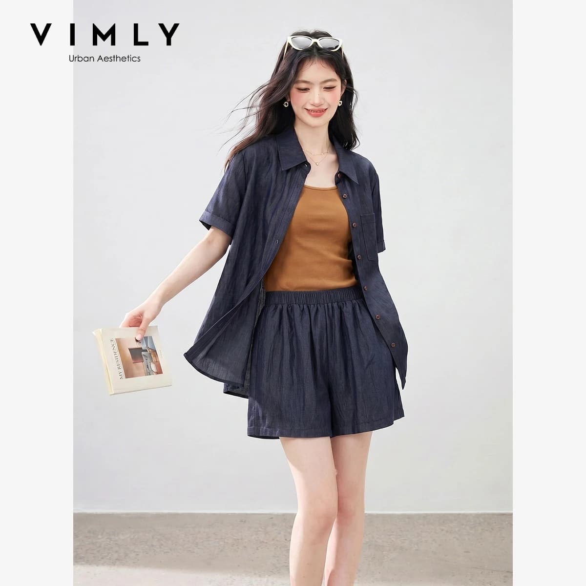 VIMLY Women's Summer Denim Suit 2026 New Suspender Vest Short Sleeve Shirt Shorts Three-piece Set Ladies Casual Wear A6383