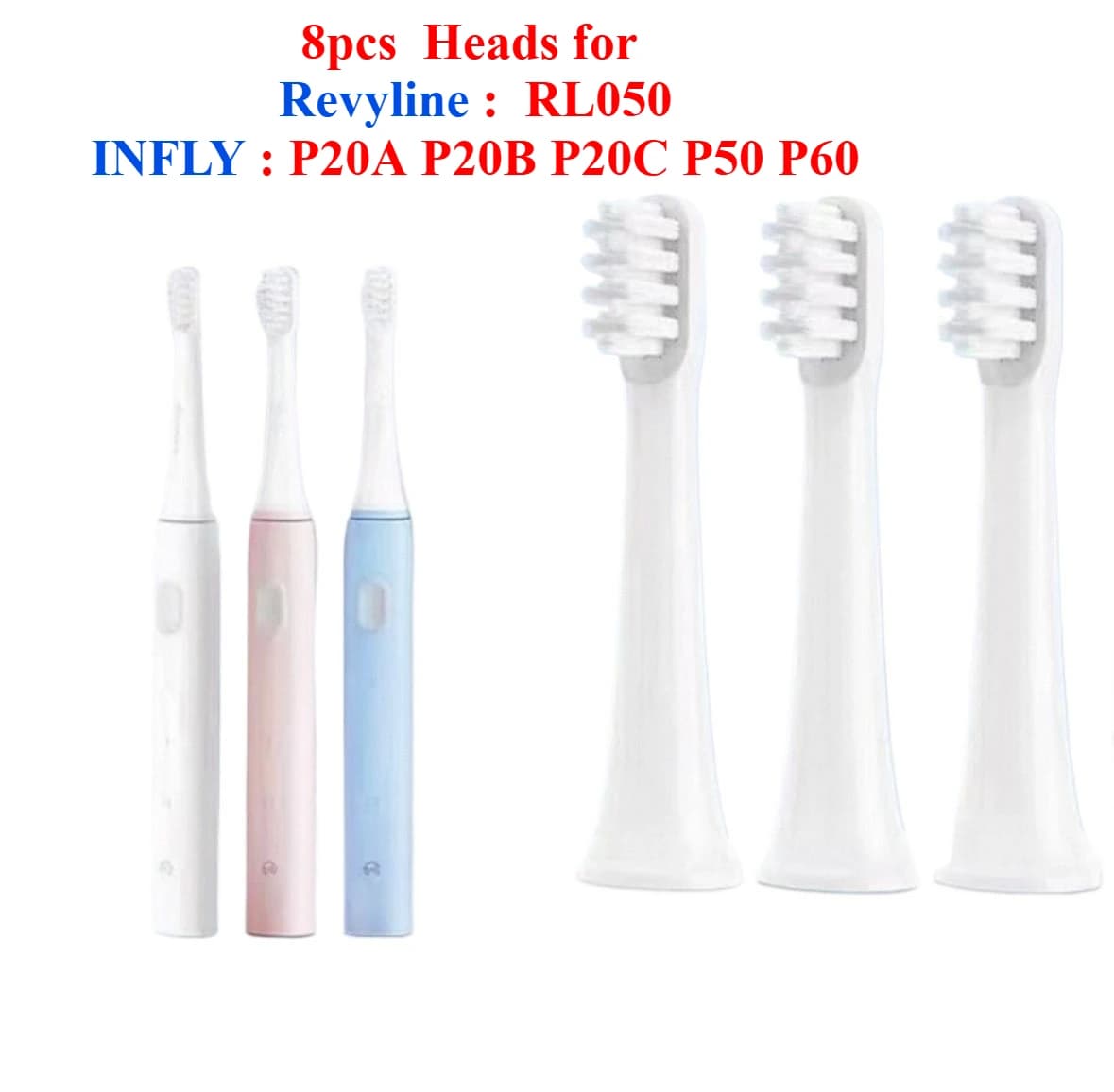 8 testine di ricambio per spazzolino elettrico Revyline RL050 /INFLY P20A P20B P20C P50 P60, testine sbiancanti