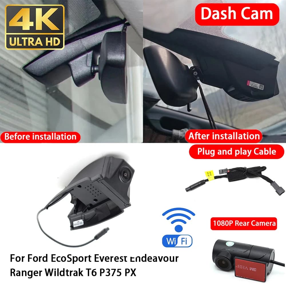 for Ford EcoSport Everest Endeavour Ranger Wildtrak T6 P375 PX 4K 2160P Dash Cam Front Rear Car Camera DVR Wifi Plug & Play