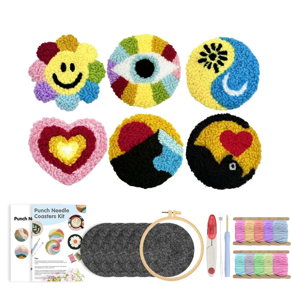 CHENISTORY 6 Pcs DIY Easy Coaster Embroidery Set Punch Needle Coaster Kit 6Pcs Easy Art Coasters Tea Coffee Cup Pad Placemats
