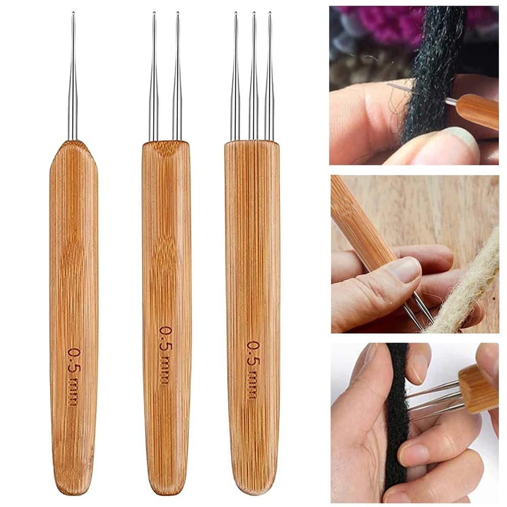 Set di 3 Uncinetti in Legno da 0,5mm/0,75mm/1,0mm per Dreadlock, Strumento per Acconciature e Intrecci