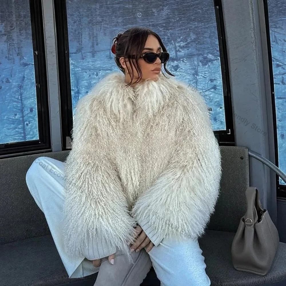 Fur Coat Eco-friendly Female Fake Mongolian Sheep Fur Fluffy Jacket Women New Winter Fur Artificial Thick Warm Outerwear Lady