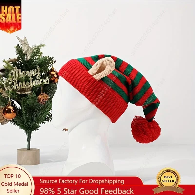 Cappello da Elfo Natalizio a Righe Lavorato a Maglia con Orecchie, Berretto con Pompon Rosso Verde/Rosso Bianco, Copricapo Festivo per Uomo e Donna
