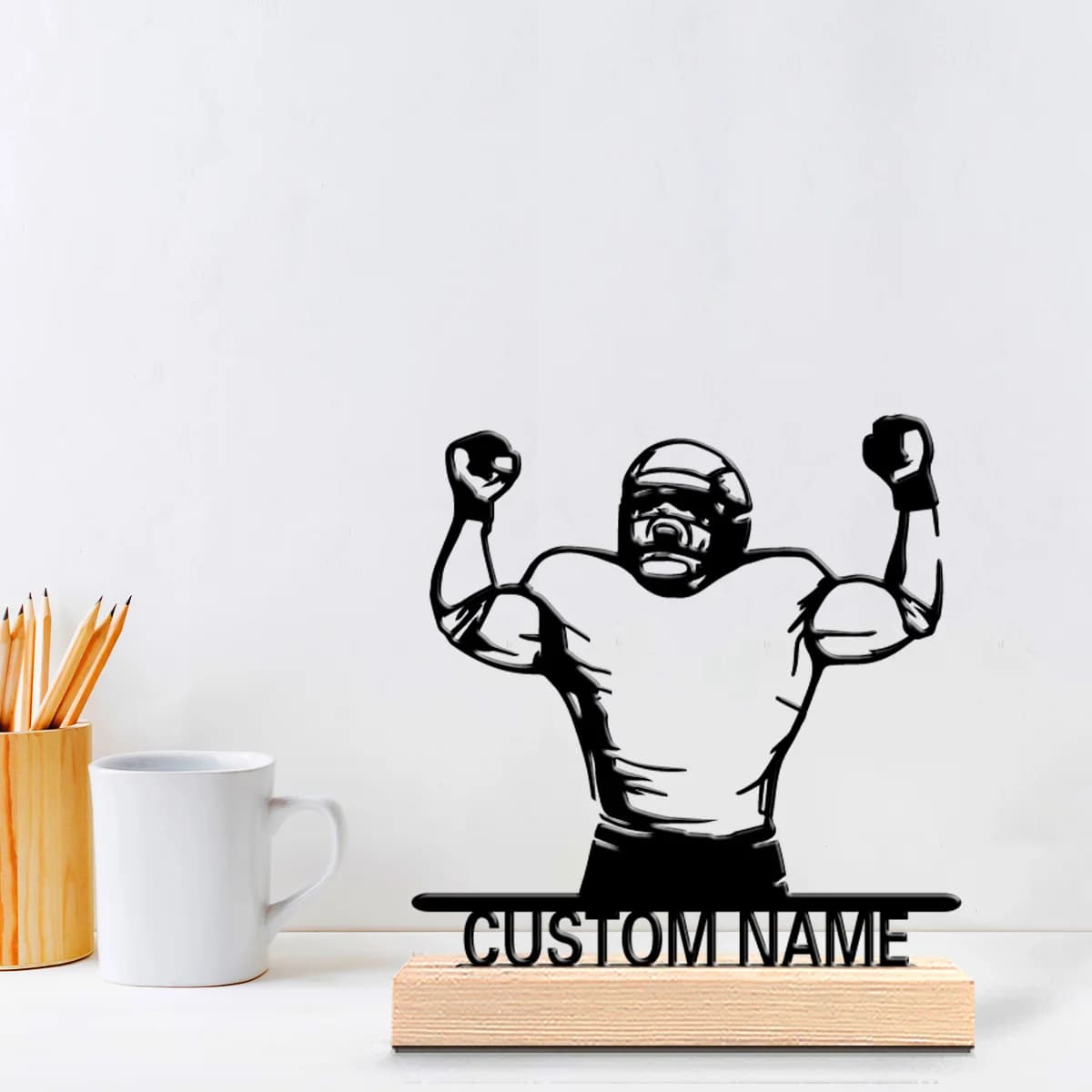 1 statuetta misteriosa personalizzata in metallo a tema football americano con cornice in legno, decorazione da parete per soggiorno, camera da letto, stile eclettico.